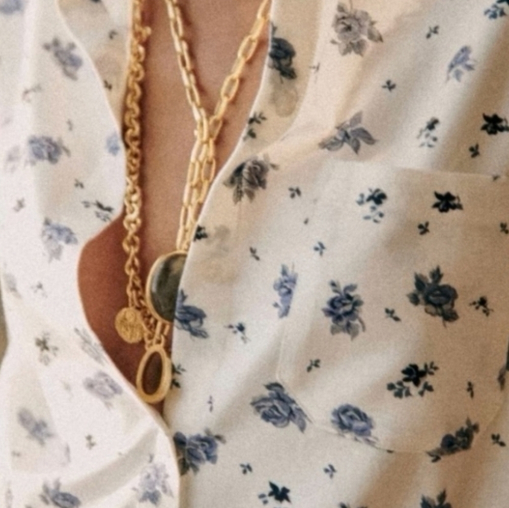 Sezane Cream Floral Button-Front Top with Blue Print - Picture 6 of 6